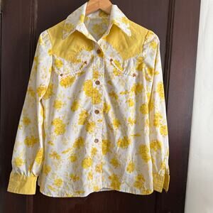 Vintage Handmade Yellow Floral Western Style Button Down Shirt | Small